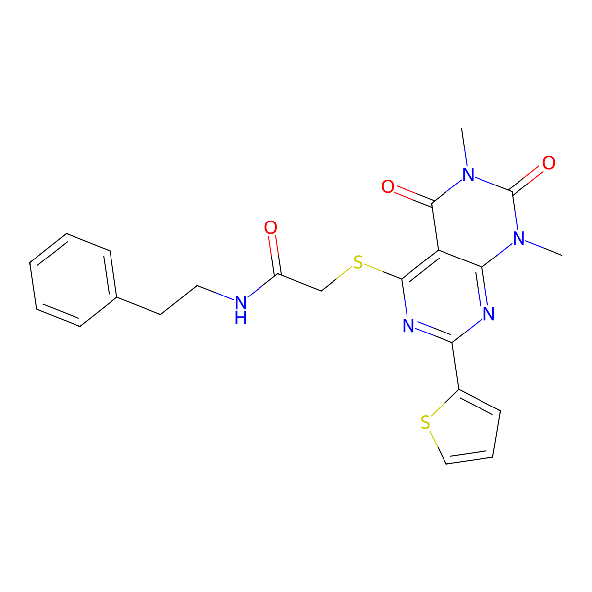 2-((6,8-dimethyl-5,7-dioxo-2-(thiophen-2-yl)-5,6,7,8-tetrahydropyrimido[4,5-d]pyrimidin-4-yl)thio)-N-phenethylacetamide molecular structure, CAS 847191-99-5