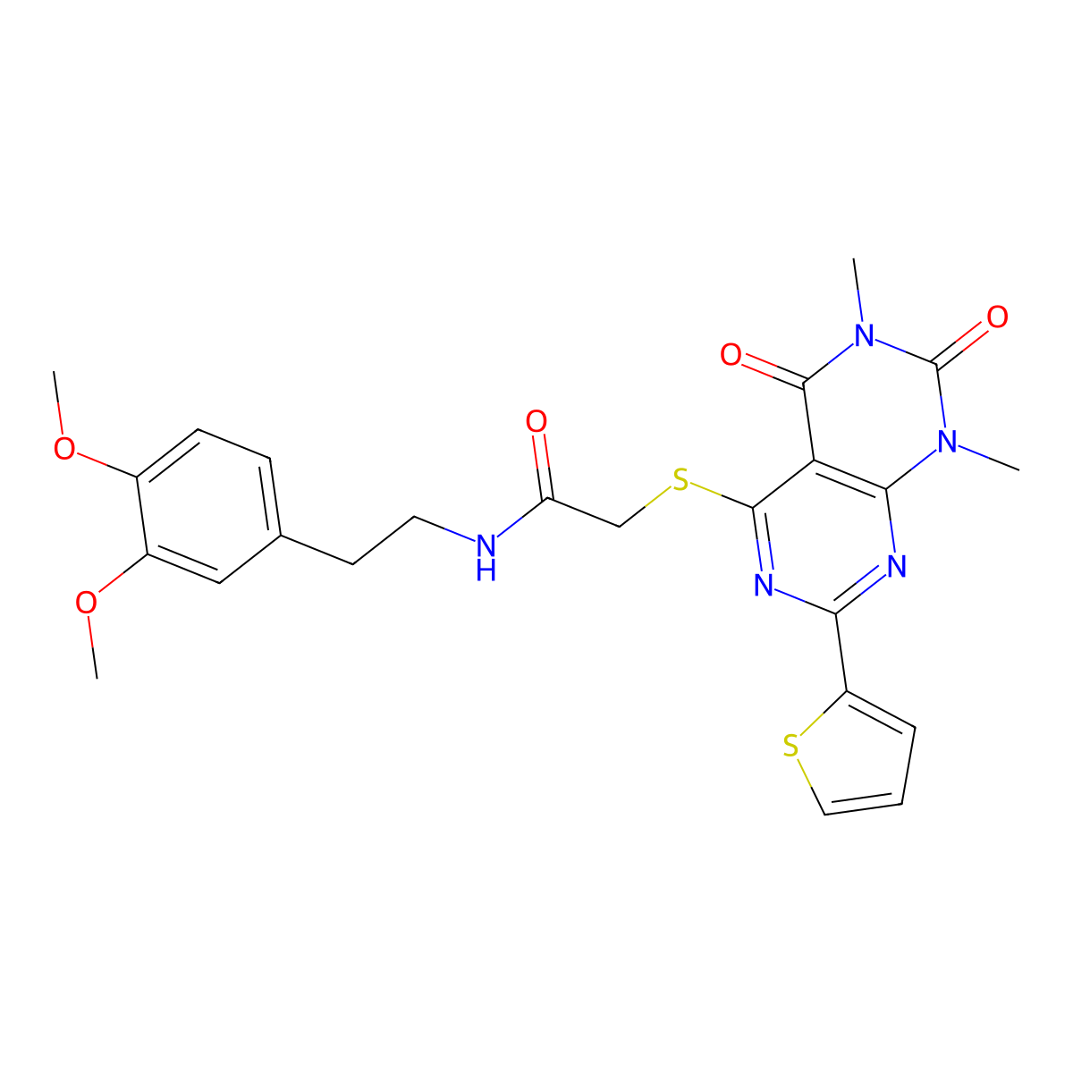 N-[2-(3,4-dimethoxyphenyl)ethyl]-2-(1,3-dimethyl-2,4-dioxo-7-thiophen-2-ylpyrimido[4,5-d]pyrimidin-5-yl)sulfanylacetamide molecular structure, CAS 847192-00-1