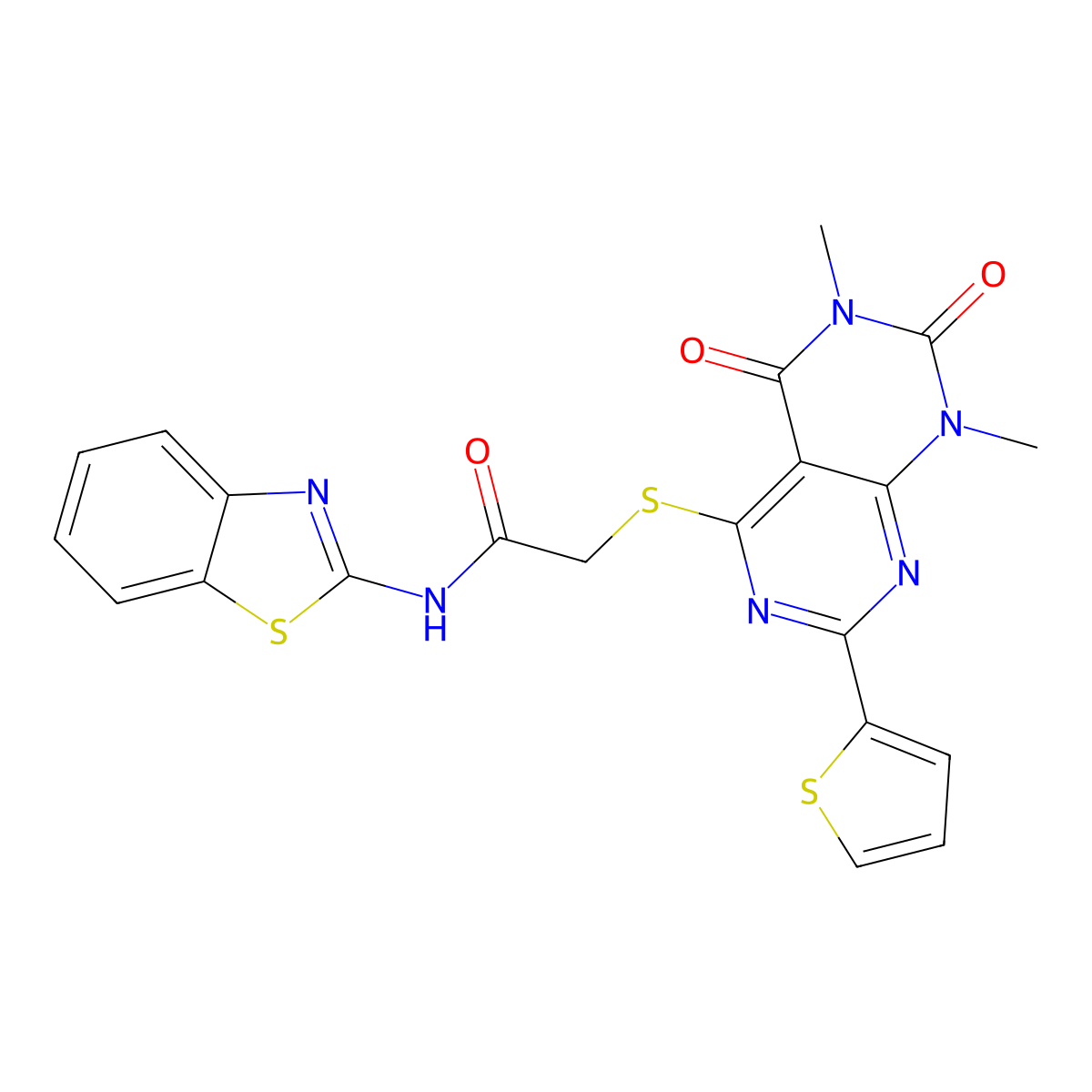 N-(benzo[d]thiazol-2-yl)-2-((6,8-dimethyl-5,7-dioxo-2-(thiophen-2-yl)-5,6,7,8-tetrahydropyrimido[4,5-d]pyrimidin-4-yl)thio)acetamide molecular structure, CAS 847192-01-2