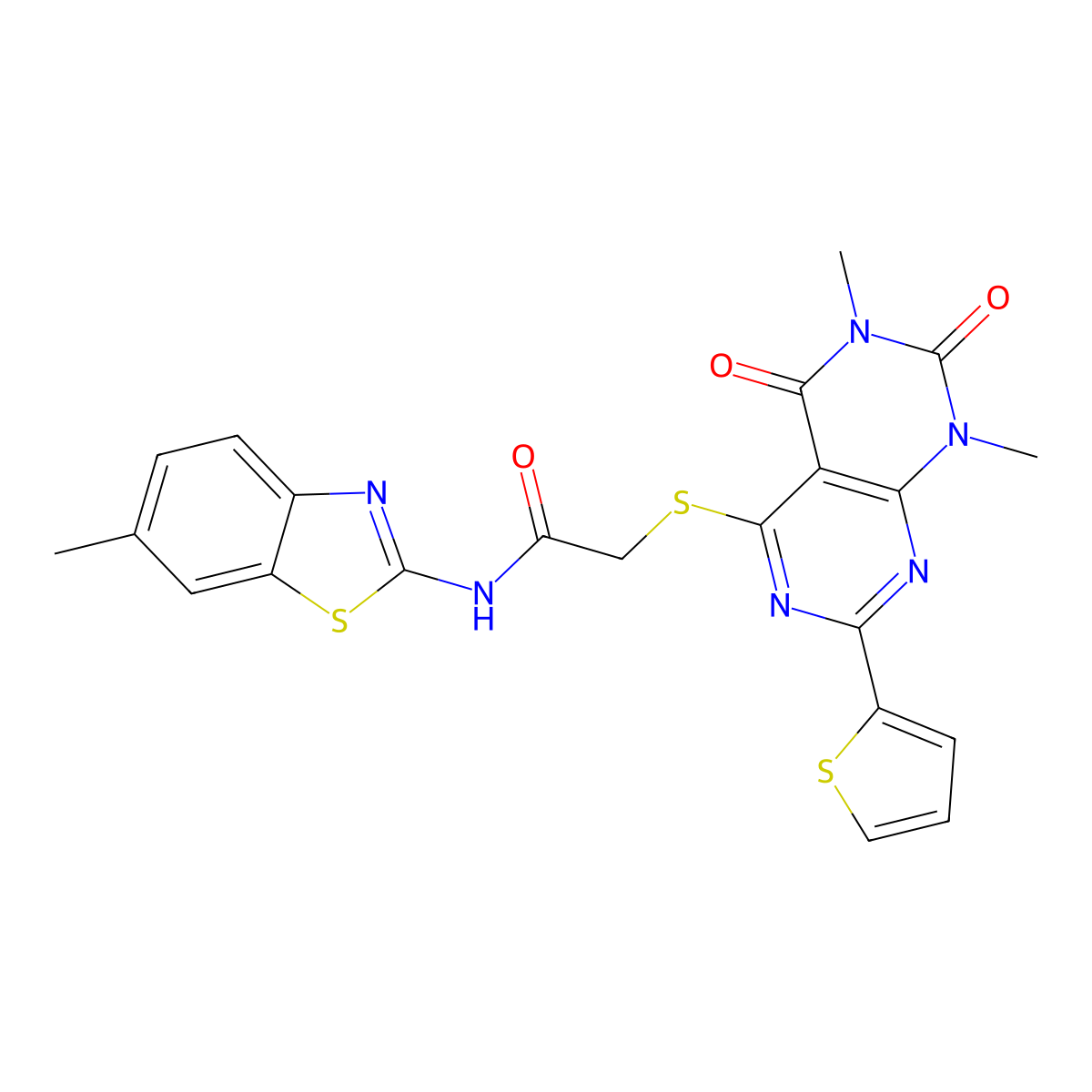 2-((6,8-dimethyl-5,7-dioxo-2-(thiophen-2-yl)-5,6,7,8-tetrahydropyrimido[4,5-d]pyrimidin-4-yl)thio)-N-(6-methylbenzo[d]thiazol-2-yl)acetamide molecular structure, CAS 847192-02-3