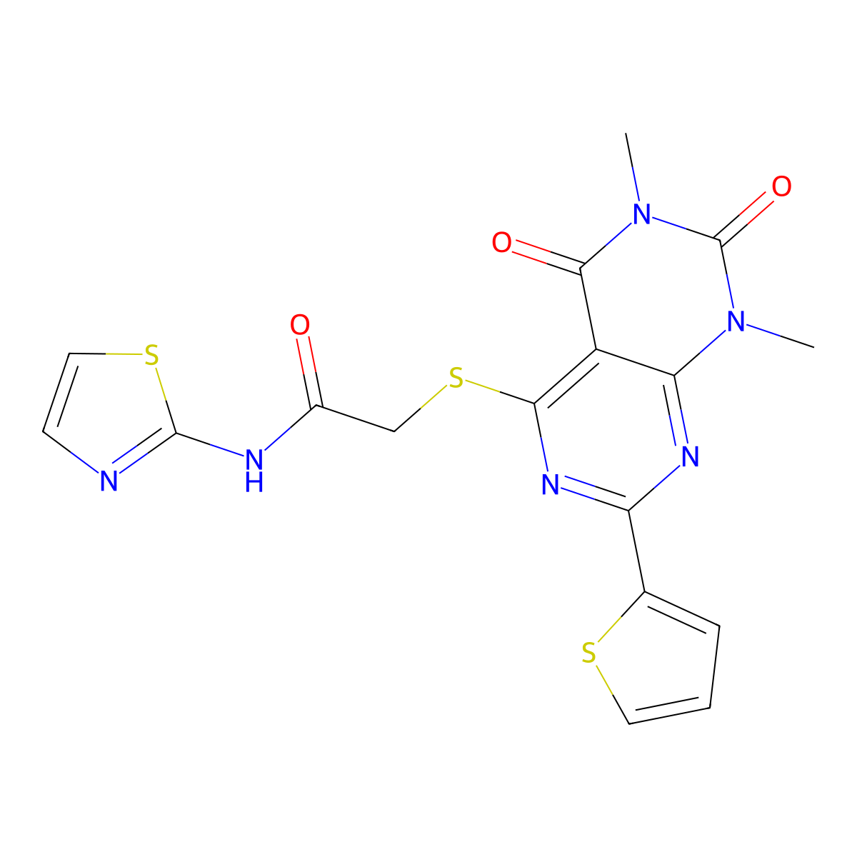 2-((6,8-dimethyl-5,7-dioxo-2-(thiophen-2-yl)-5,6,7,8-tetrahydropyrimido[4,5-d]pyrimidin-4-yl)thio)-N-(thiazol-2-yl)acetamide molecular structure, CAS 847192-03-4