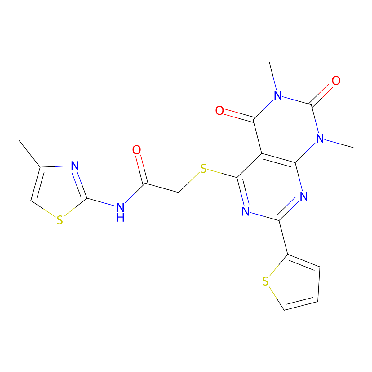 2-((6,8-dimethyl-5,7-dioxo-2-(thiophen-2-yl)-5,6,7,8-tetrahydropyrimido[4,5-d]pyrimidin-4-yl)thio)-N-(4-methylthiazol-2-yl)acetamide molecular structure, CAS 847192-04-5