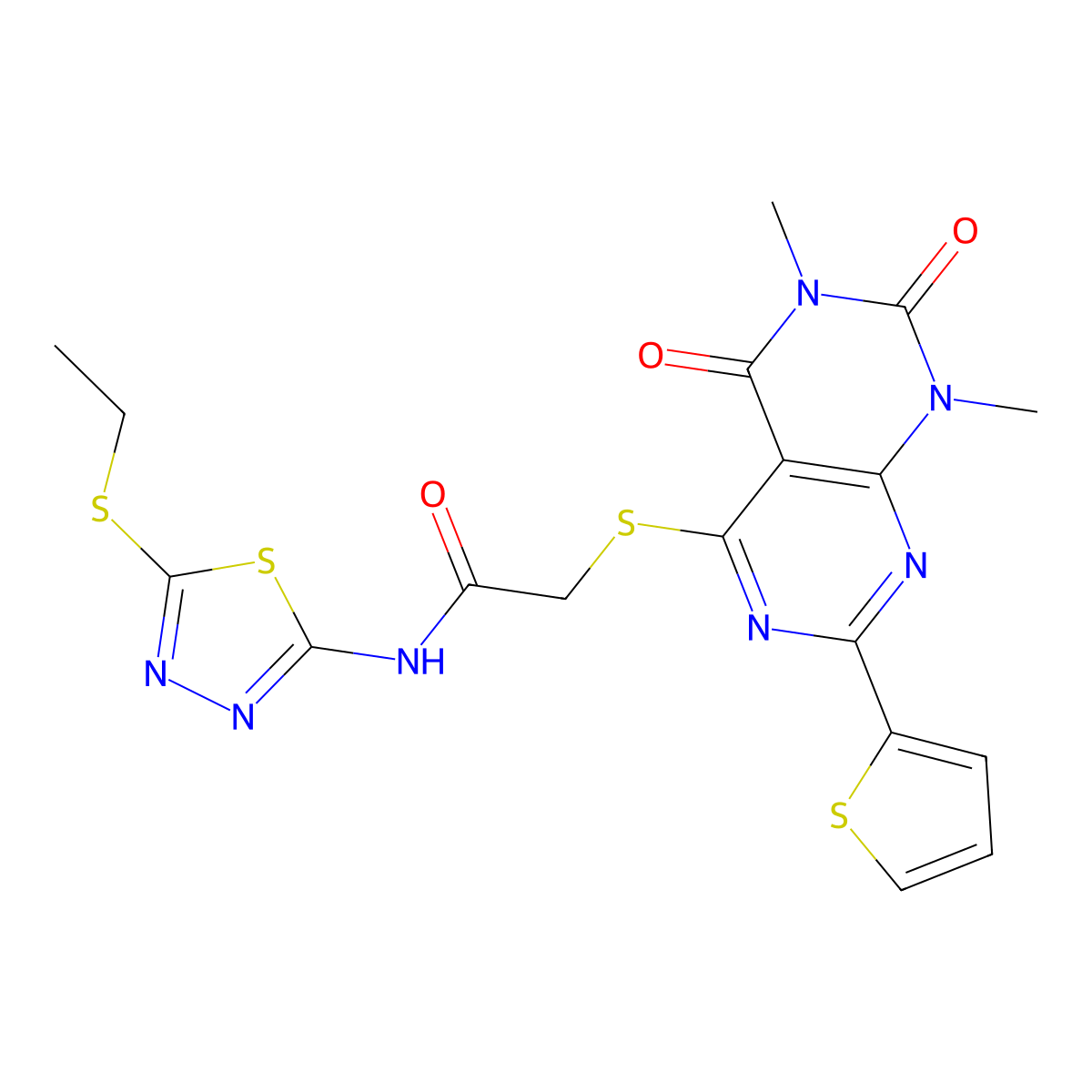 2-((6,8-dimethyl-5,7-dioxo-2-(thiophen-2-yl)-5,6,7,8-tetrahydropyrimido[4,5-d]pyrimidin-4-yl)thio)-N-(5-(ethylthio)-1,3,4-thiadiazol-2-yl)acetamide molecular structure, CAS 847192-07-8