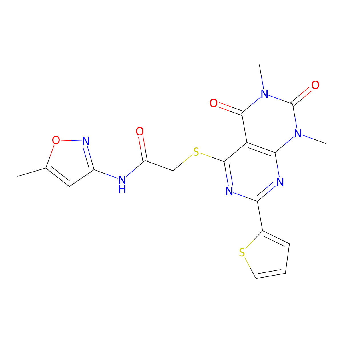 2-((6,8-dimethyl-5,7-dioxo-2-(thiophen-2-yl)-5,6,7,8-tetrahydropyrimido[4,5-d]pyrimidin-4-yl)thio)-N-(5-methylisoxazol-3-yl)acetamide molecular structure, CAS 847192-08-9