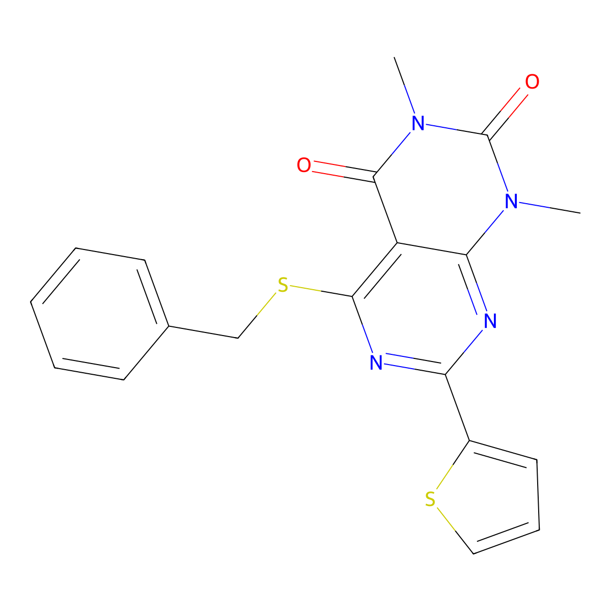 5-(benzylthio)-1,3-dimethyl-7-(thiophen-2-yl)pyrimido[4,5-d]pyrimidine-2,4(1H,3H)-dione molecular structure, CAS 847192-09-0