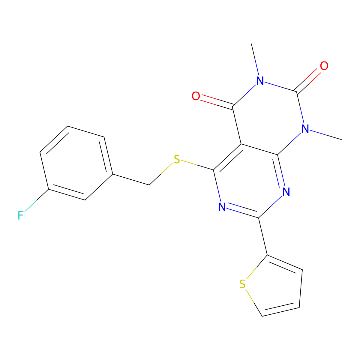 5-[(3-Fluorophenyl)methylsulfanyl]-1,3-dimethyl-7-thiophen-2-ylpyrimido[4,5-d]pyrimidine-2,4-dione molecular structure, CAS 847192-10-3