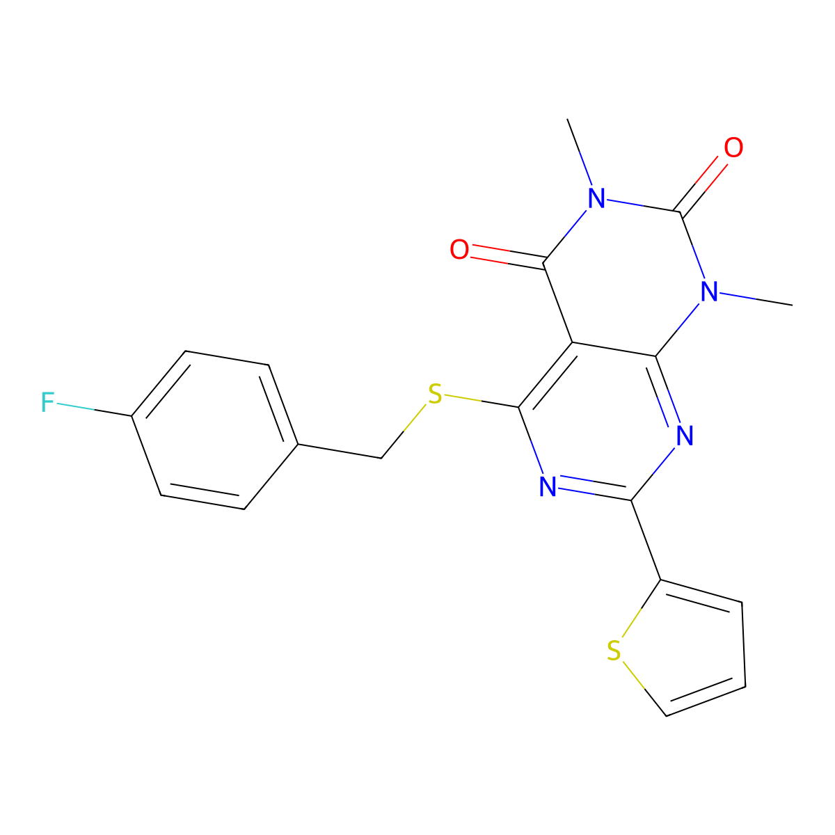 5-((4-fluorobenzyl)thio)-1,3-dimethyl-7-(thiophen-2-yl)pyrimido[4,5-d]pyrimidine-2,4(1H,3H)-dione molecular structure, CAS 847192-11-4