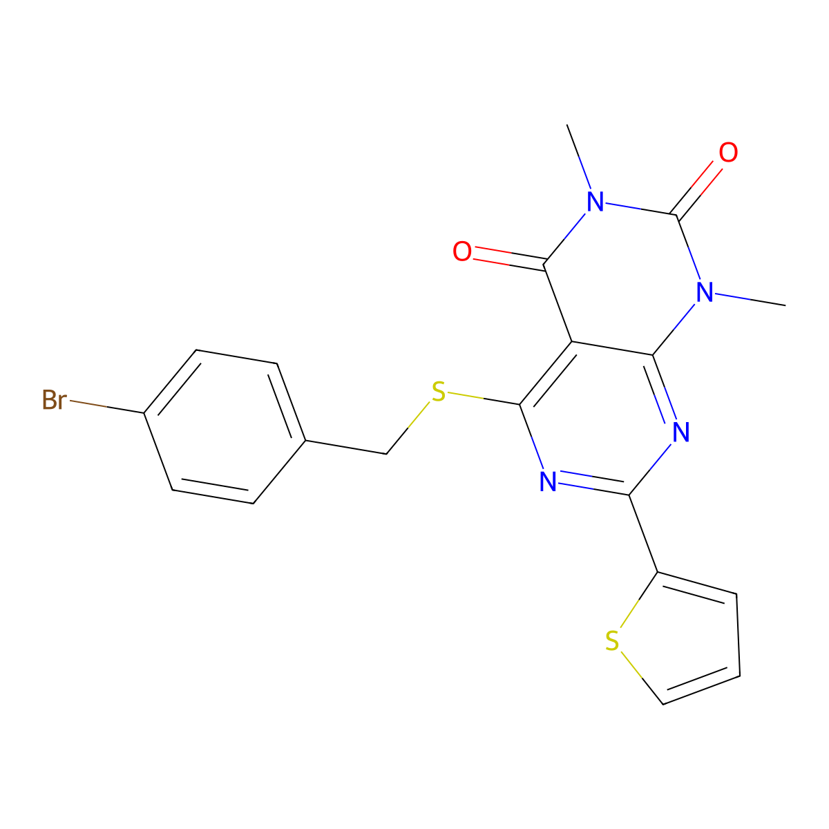 5-((4-bromobenzyl)thio)-1,3-dimethyl-7-(thiophen-2-yl)pyrimido[4,5-d]pyrimidine-2,4(1H,3H)-dione molecular structure, CAS 847192-12-5