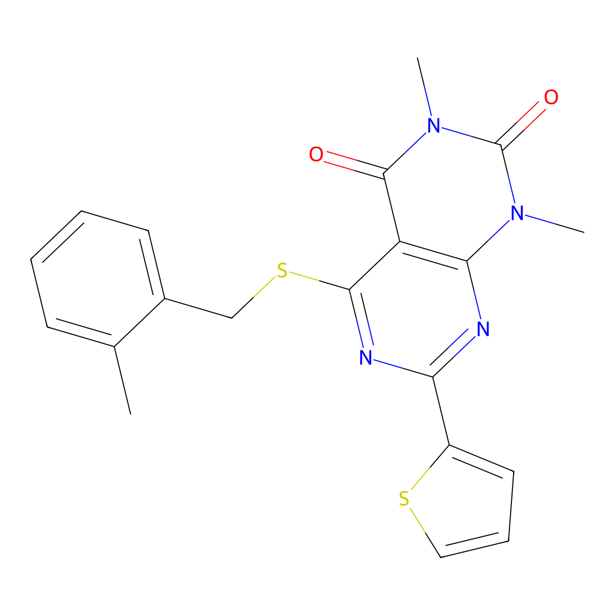 1,3-dimethyl-5-((2-methylbenzyl)thio)-7-(thiophen-2-yl)pyrimido[4,5-d]pyrimidine-2,4(1H,3H)-dione molecular structure, CAS 847192-13-6