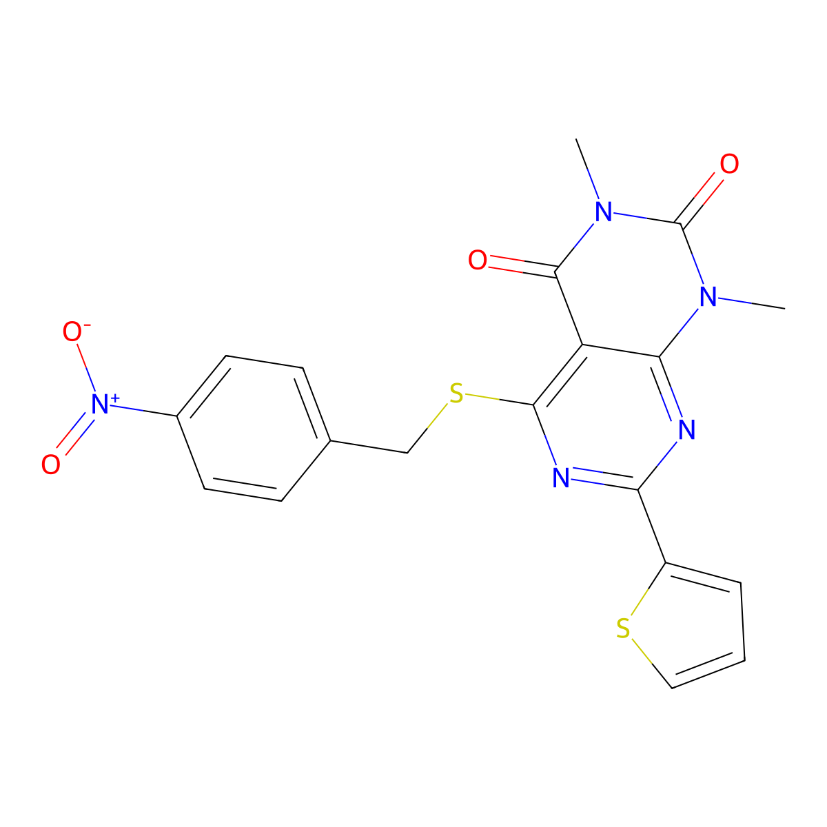 1,3-dimethyl-5-((4-nitrobenzyl)thio)-7-(thiophen-2-yl)pyrimido[4,5-d]pyrimidine-2,4(1H,3H)-dione molecular structure, CAS 847192-14-7