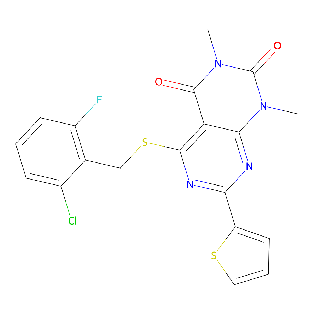 5-((2-chloro-6-fluorobenzyl)thio)-1,3-dimethyl-7-(thiophen-2-yl)pyrimido[4,5-d]pyrimidine-2,4(1H,3H)-dione molecular structure, CAS 847192-15-8