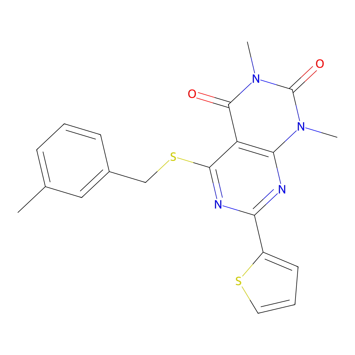 1,3-dimethyl-5-((3-methylbenzyl)thio)-7-(thiophen-2-yl)pyrimido[4,5-d]pyrimidine-2,4(1H,3H)-dione molecular structure, CAS 847192-16-9