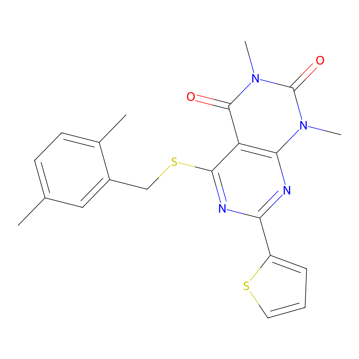 5-((2,5-dimethylbenzyl)thio)-1,3-dimethyl-7-(thiophen-2-yl)pyrimido[4,5-d]pyrimidine-2,4(1H,3H)-dione molecular structure, CAS 847192-17-0