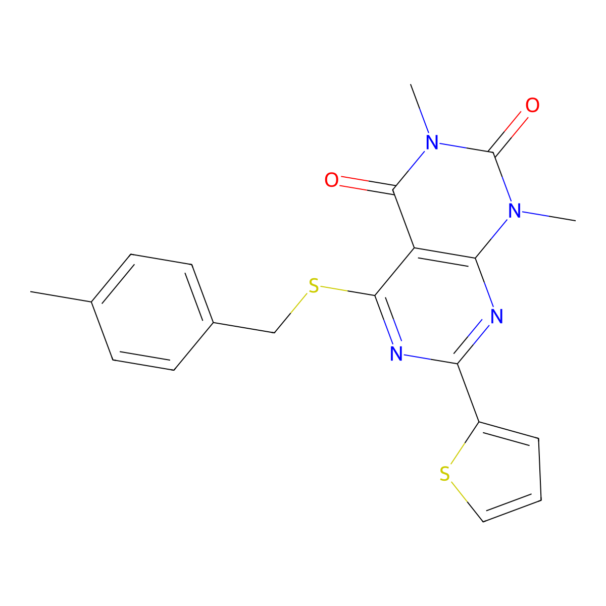 1,3-dimethyl-5-((4-methylbenzyl)thio)-7-(thiophen-2-yl)pyrimido[4,5-d]pyrimidine-2,4(1H,3H)-dione molecular structure, CAS 847192-18-1