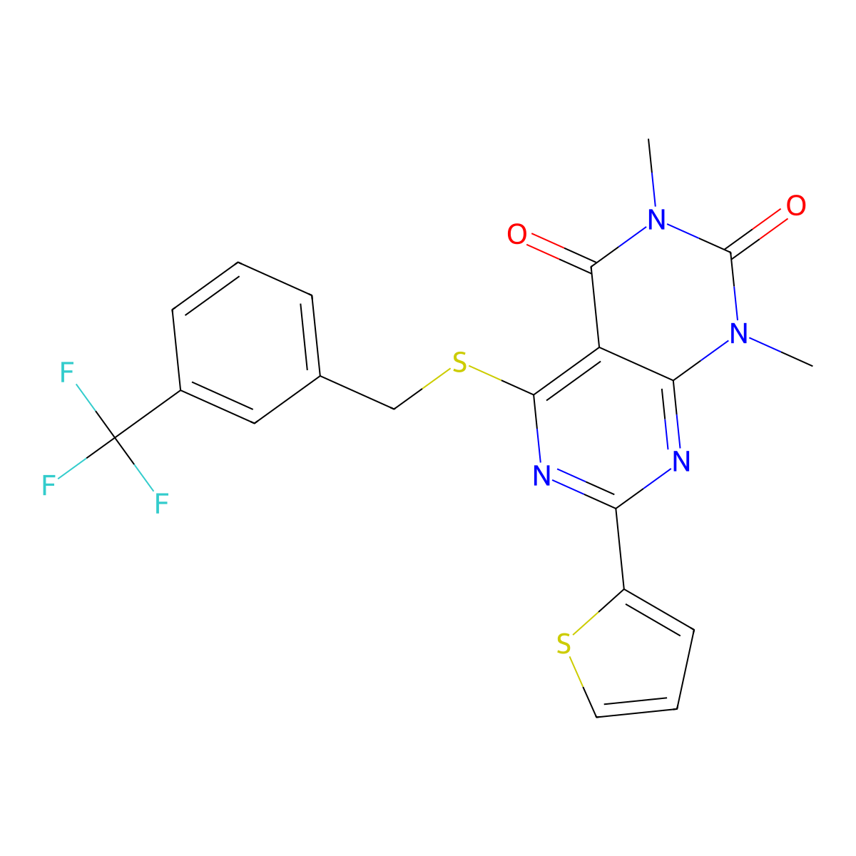 1,3-dimethyl-7-(thiophen-2-yl)-5-((3-(trifluoromethyl)benzyl)thio)pyrimido[4,5-d]pyrimidine-2,4(1H,3H)-dione molecular structure, CAS 847192-19-2