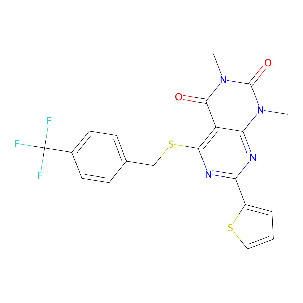 1,3-dimethyl-7-(thiophen-2-yl)-5-((4-(trifluoromethyl)benzyl)thio)pyrimido[4,5-d]pyrimidine-2,4(1H,3H)-dione molecular structure, CAS 847192-20-5
