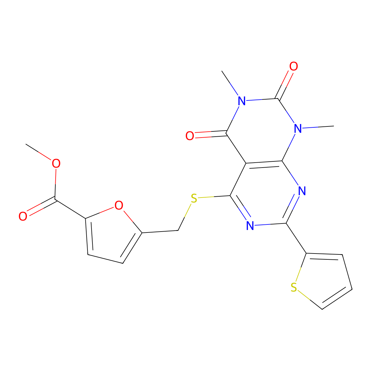 Methyl 5-[(1,3-dimethyl-2,4-dioxo-7-thiophen-2-ylpyrimido[4,5-d]pyrimidin-5-yl)sulfanylmethyl]furan-2-carboxylate molecular structure, CAS 847192-21-6
