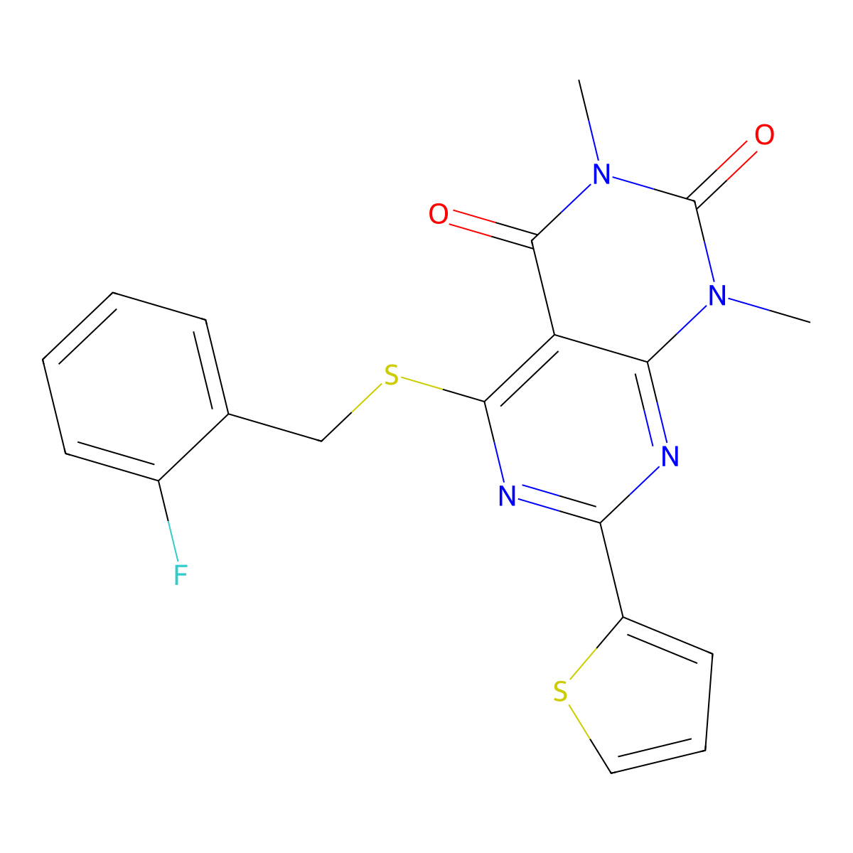 5-[(2-Fluorophenyl)methylsulfanyl]-1,3-dimethyl-7-thiophen-2-ylpyrimido[4,5-d]pyrimidine-2,4-dione molecular structure, CAS 847192-22-7