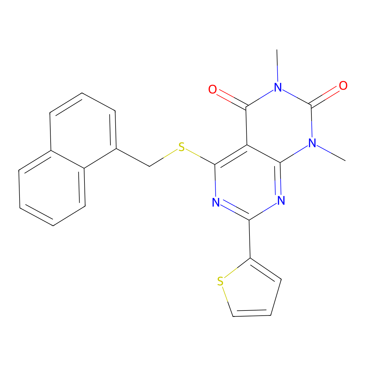 1,3-dimethyl-5-((naphthalen-1-ylmethyl)thio)-7-(thiophen-2-yl)pyrimido[4,5-d]pyrimidine-2,4(1H,3H)-dione molecular structure, CAS 847192-24-9