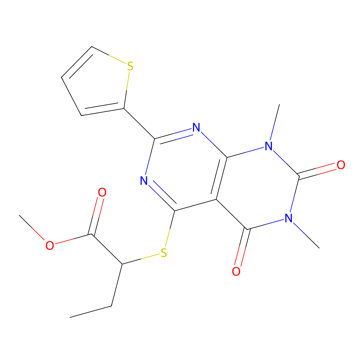 Methyl 2-((6,8-dimethyl-5,7-dioxo-2-(thiophen-2-yl)-5,6,7,8-tetrahydropyrimido[4,5-d]pyrimidin-4-yl)thio)butanoate molecular structure, CAS 847192-33-0