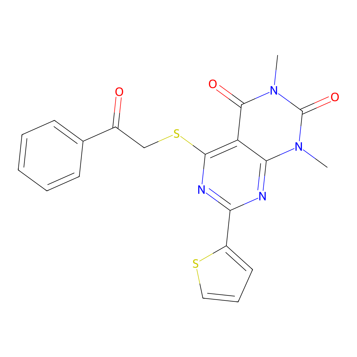 1,3-dimethyl-5-((2-oxo-2-phenylethyl)thio)-7-(thiophen-2-yl)pyrimido[4,5-d]pyrimidine-2,4(1H,3H)-dione molecular structure, CAS 847192-36-3