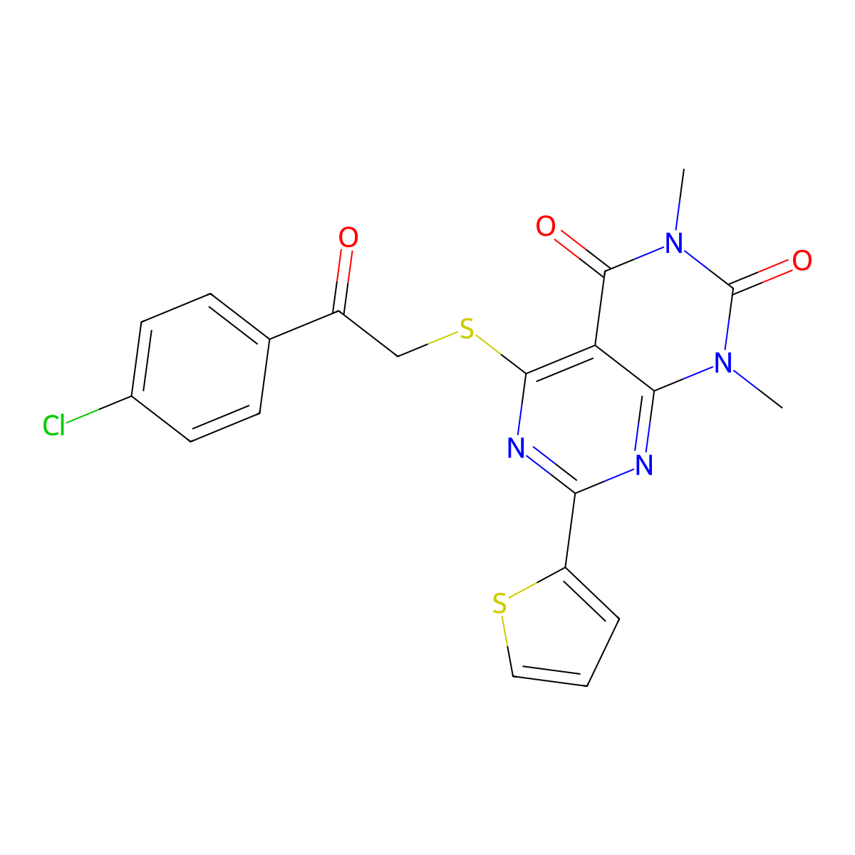 5-((2-(4-chlorophenyl)-2-oxoethyl)thio)-1,3-dimethyl-7-(thiophen-2-yl)pyrimido[4,5-d]pyrimidine-2,4(1H,3H)-dione molecular structure, CAS 847192-37-4