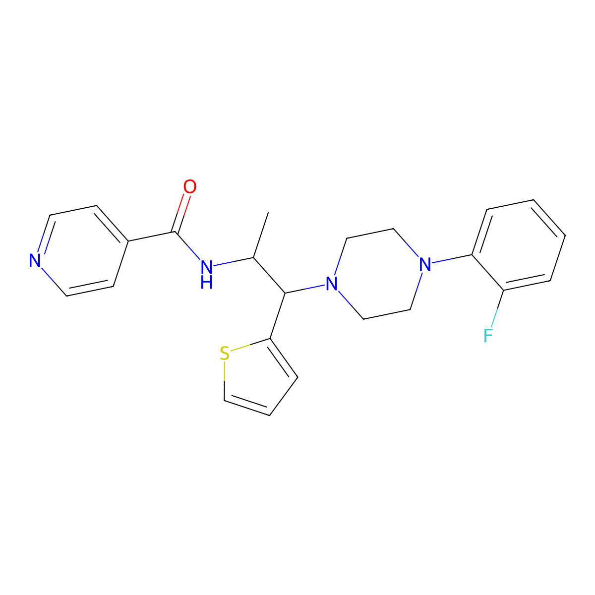 N-(1-(4-(2-fluorophenyl)piperazin-1-yl)-1-(thiophen-2-yl)propan-2-yl)isonicotinamide molecular structure, CAS 847195-26-0