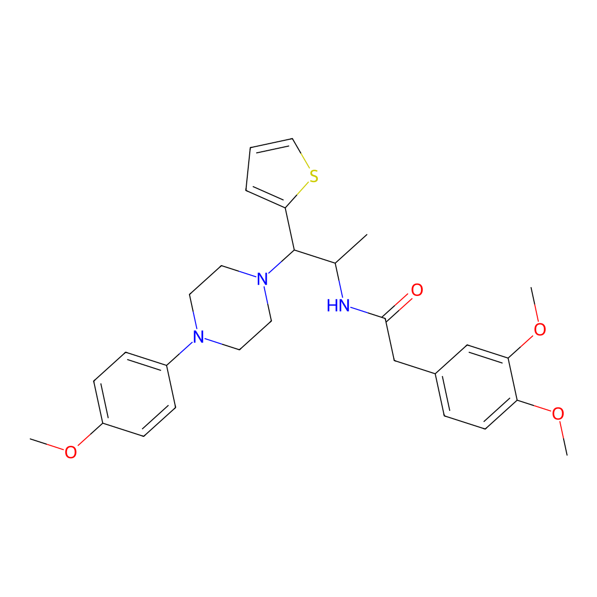 2-(3,4-dimethoxyphenyl)-N-(1-(4-(4-methoxyphenyl)piperazin-1-yl)-1-(thiophen-2-yl)propan-2-yl)acetamide molecular structure, CAS 847196-01-4