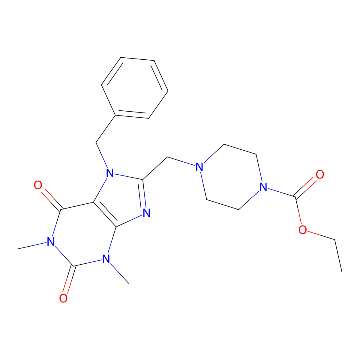 ethyl 4-[(7-benzyl-1,3-dimethyl-2,6-dioxo-2,3,6,7-tetrahydro-1H-purin-8-yl)methyl]piperazine-1-carboxylate molecular structure, CAS 847241-20-7