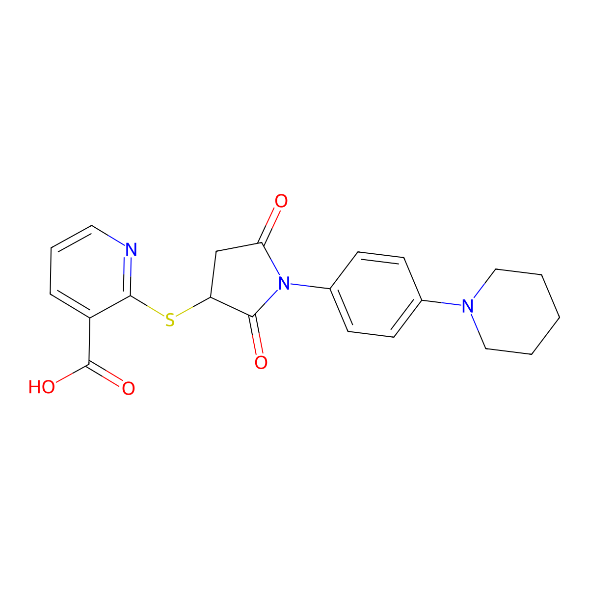 2-((2,5-Dioxo-1-(4-(piperidin-1-yl)phenyl)pyrrolidin-3-yl)thio)nicotinic acid molecular structure, CAS 847241-31-0