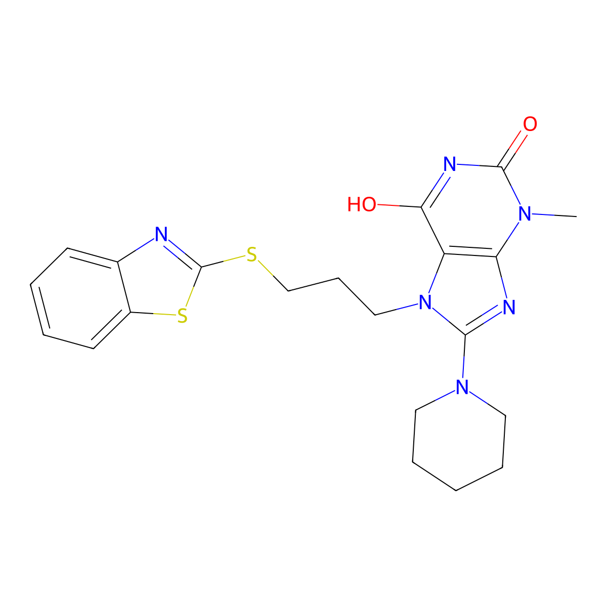 7-(3-(benzo[d]thiazol-2-ylthio)propyl)-3-methyl-8-(piperidin-1-yl)-1H-purine-2,6(3H,7H)-dione molecular structure, CAS 847241-94-5