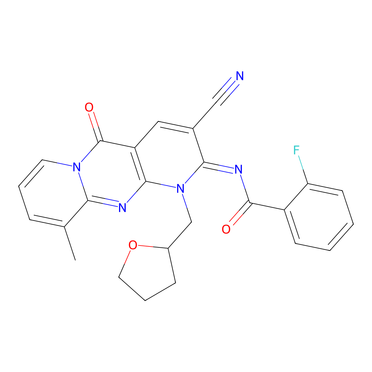 (E)-N-(3-cyano-10-methyl-5-oxo-1-((tetrahydrofuran-2-yl)methyl)-1H-dipyrido[1,2-a:2',3'-d]pyrimidin-2(5H)-ylidene)-2-fluorobenzamide molecular structure, CAS 847243-28-1