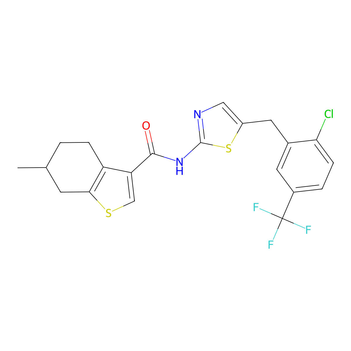 N-{5-[2-chloro-5-(trifluoromethyl)benzyl]-1,3-thiazol-2-yl}-6-methyl-4,5,6,7-tetrahydro-1-benzothiophene-3-carboxamide molecular structure, CAS 847244-02-4