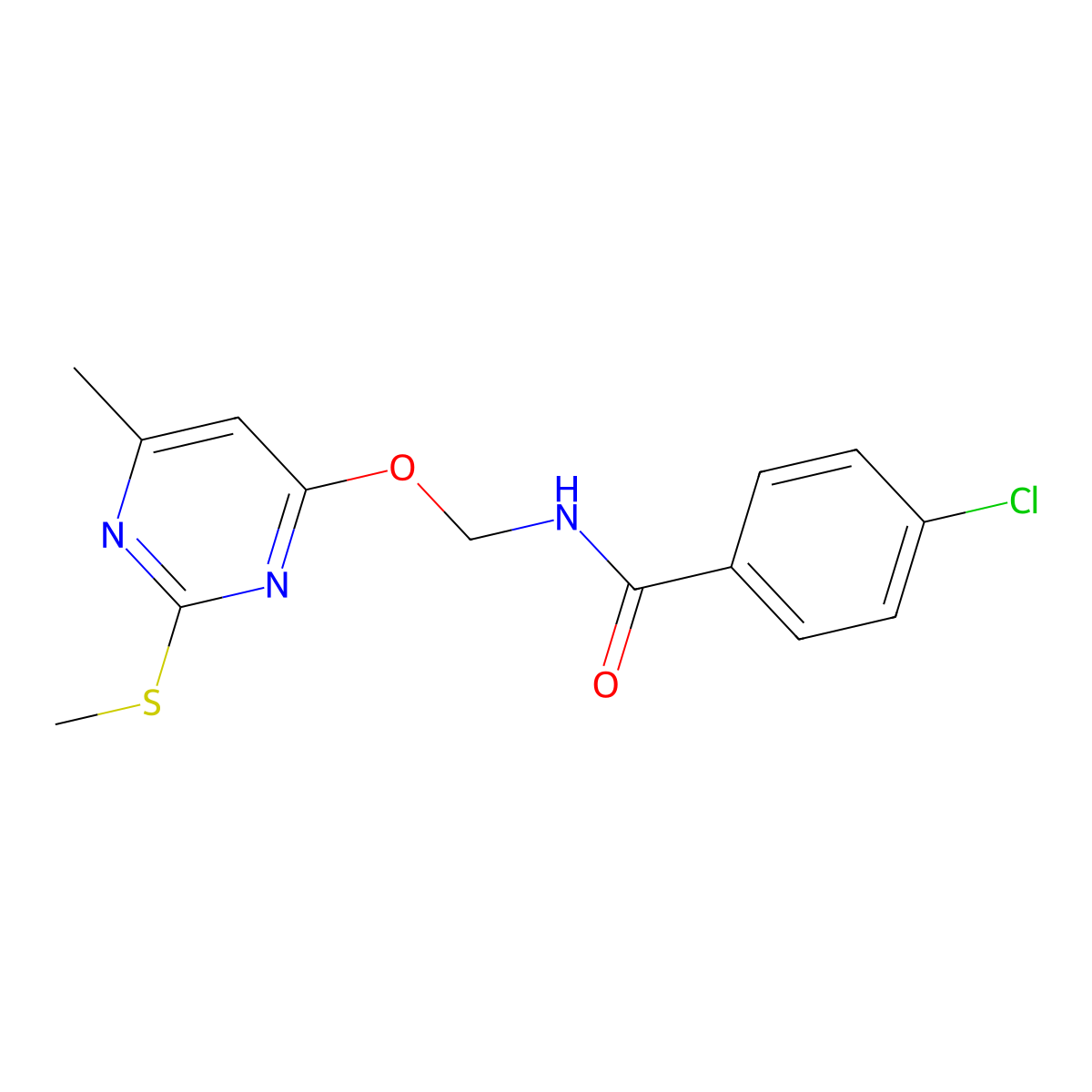 4-chloro-N-(((6-methyl-2-(methylthio)pyrimidin-4-yl)oxy)methyl)benzamide molecular structure, CAS 847244-38-6