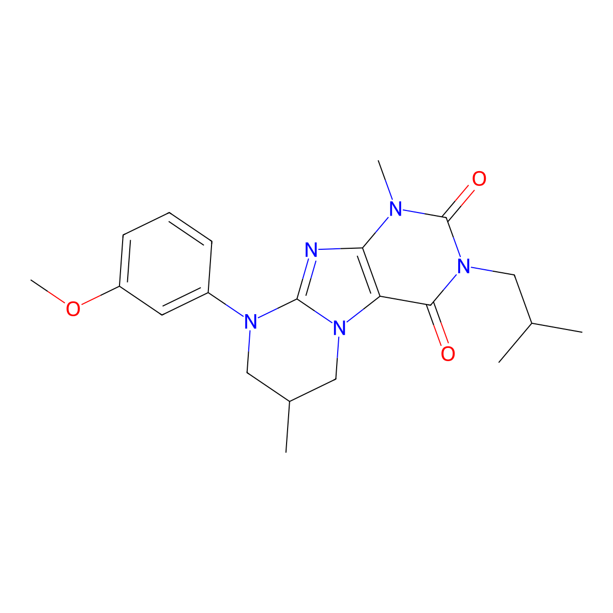 3-isobutyl-9-(3-methoxyphenyl)-1,7-dimethyl-6,7,8,9-tetrahydropyrimido[2,1-f]purine-2,4(1H,3H)-dione molecular structure, CAS 847244-49-9