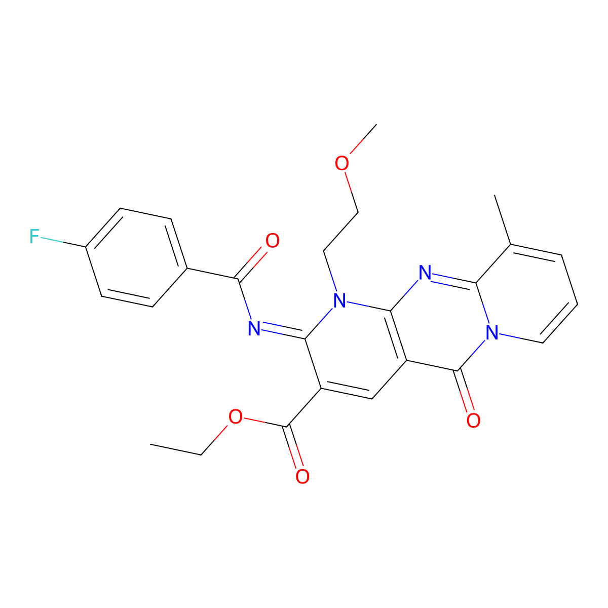 ethyl 2-[(4-fluorobenzoyl)imino]-1-(2-methoxyethyl)-10-methyl-5-oxo-1,5-dihydro-2H-dipyrido[1,2-a:2,3-d]pyrimidine-3-carboxylate molecular structure, CAS 847244-96-6