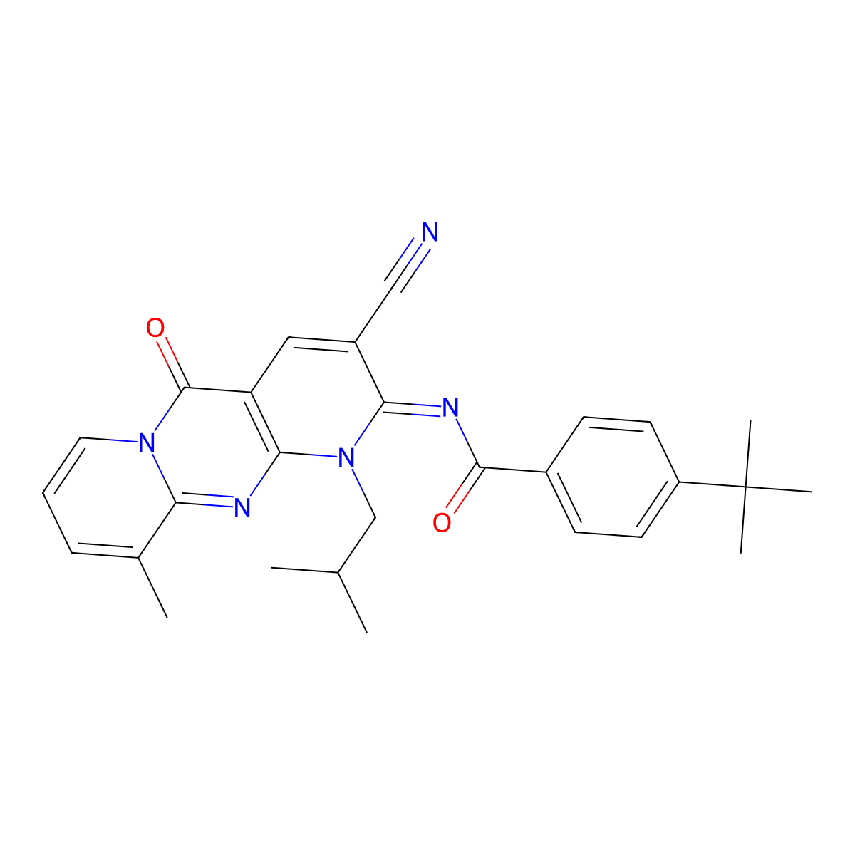 (E)-4-(tert-butyl)-N-(3-cyano-1-isobutyl-10-methyl-5-oxo-1H-dipyrido[1,2-a:2',3'-d]pyrimidin-2(5H)-ylidene)benzamide molecular structure, CAS 847245-32-3