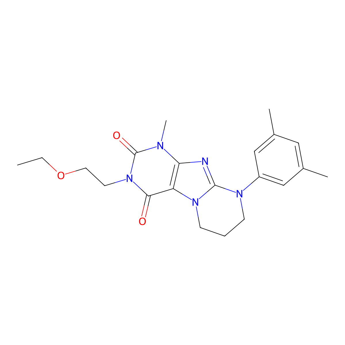 9-(3,5-dimethylphenyl)-3-(2-ethoxyethyl)-1-methyl-6,7,8,9-tetrahydropyrimido[2,1-f]purine-2,4(1H,3H)-dione molecular structure, CAS 847245-53-8