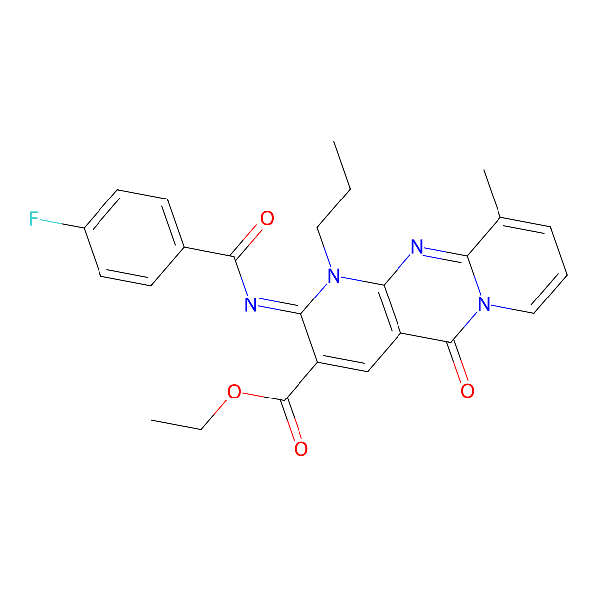 ethyl 2-[(4-fluorobenzoyl)imino]-10-methyl-5-oxo-1-propyl-1,5-dihydro-2H-dipyrido[1,2-a:2,3-d]pyrimidine-3-carboxylate molecular structure, CAS 847245-67-4