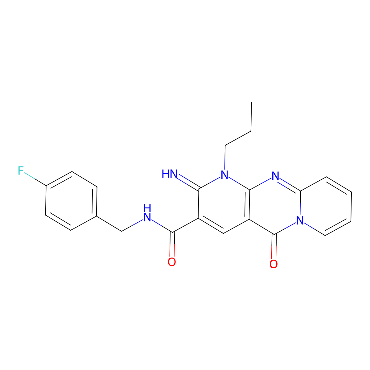 N-[(4-fluorophenyl)methyl]-6-imino-2-oxo-7-propyl-1,7,9-triazatricyclo[8.4.0.0^{3,8}]tetradeca-3(8),4,9,11,13-pentaene-5-carboxamide molecular structure, CAS 847245-84-5