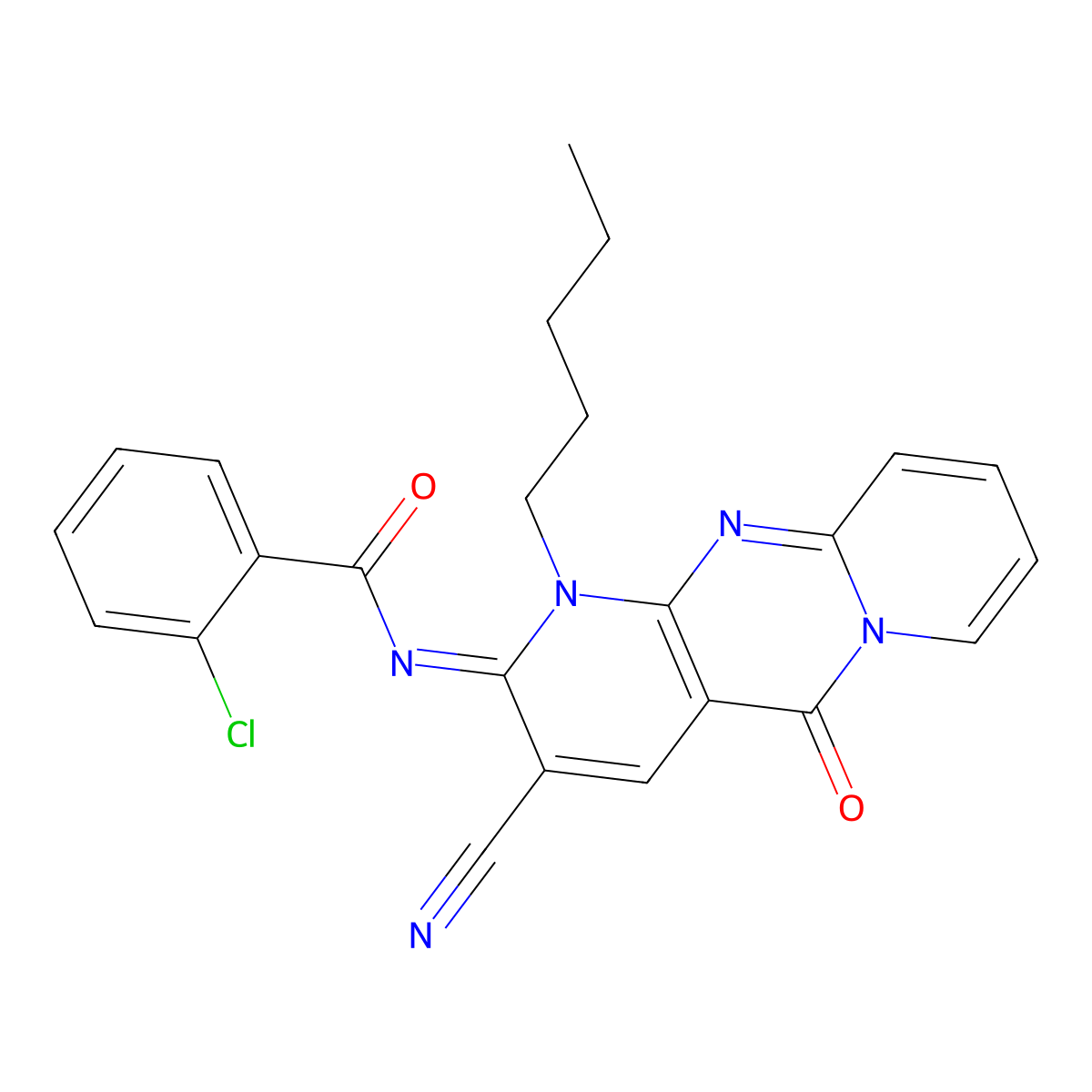 2-chloro-N-(3-cyano-5-oxo-1-pentyl-1,5-dihydro-2H-dipyrido[1,2-a:2,3-d]pyrimidin-2-ylidene)benzamide molecular structure, CAS 847268-51-3