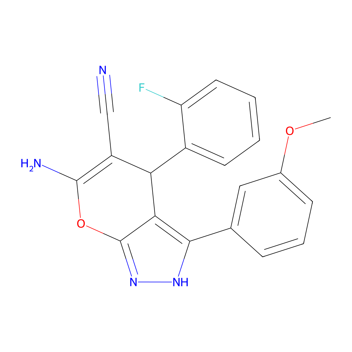 6-Amino-4-(2-fluorophenyl)-3-(3-methoxyphenyl)-2,4-dihydropyrano[2,3-c]pyrazole-5-carbonitrile molecular structure, CAS 847269-43-6