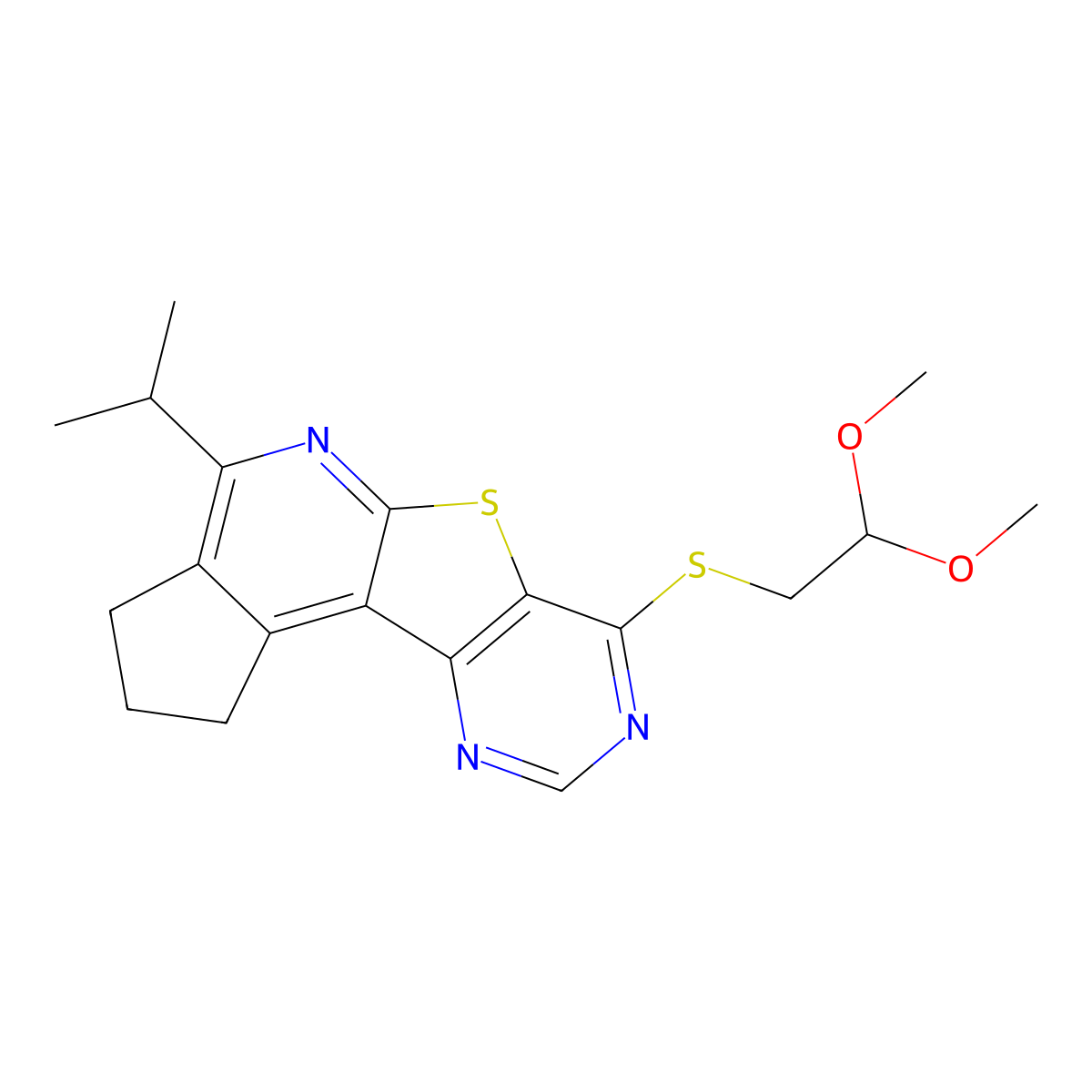 7-((2,2-dimethoxyethyl)thio)-4-isopropyl-2,3-dihydro-1H-cyclopenta[4',5']pyrido[3',2':4,5]thieno[3,2-d]pyrimidine molecular structure, CAS 847269-57-2