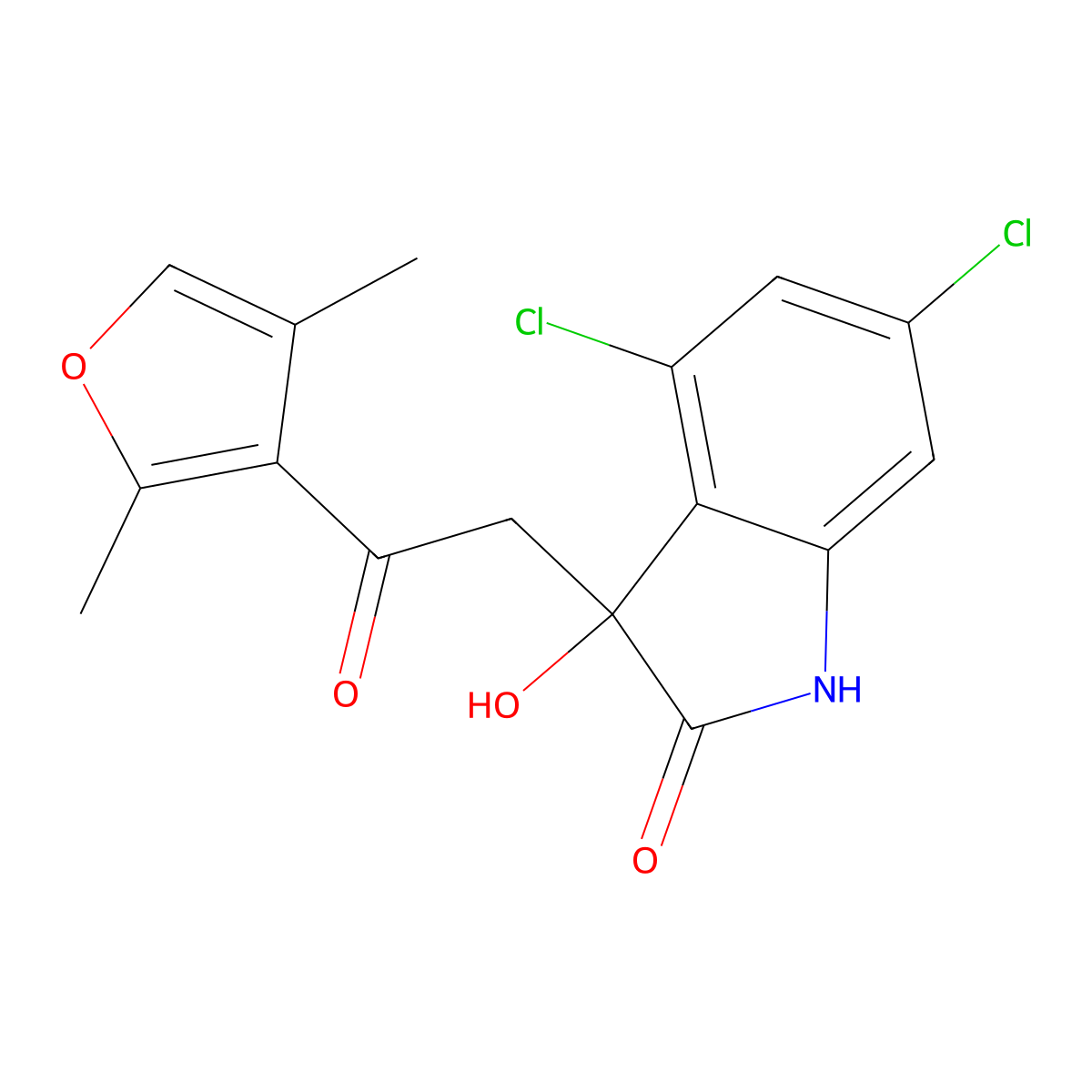 4,6-dichloro-3-[2-(2,4-dimethylfuran-3-yl)-2-oxoethyl]-3-hydroxy-1H-indol-2-one molecular structure, CAS 847271-19-6
