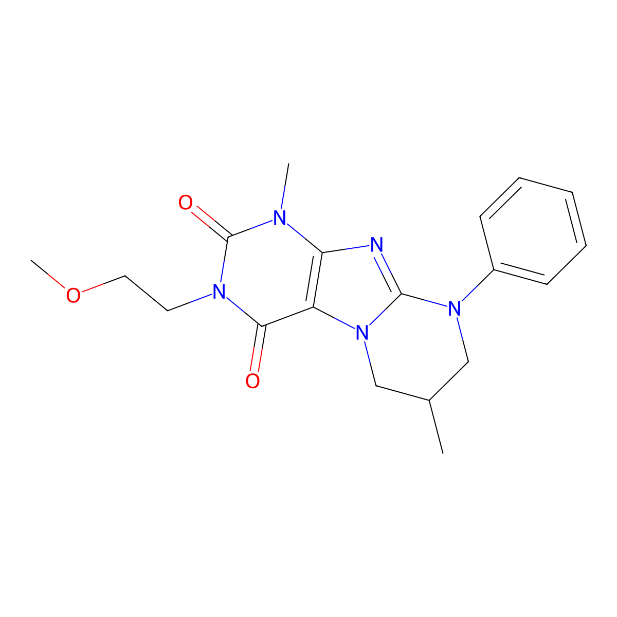 3-(2-methoxyethyl)-1,7-dimethyl-9-phenyl-6,7,8,9-tetrahydropyrimido[2,1-f]purine-2,4(1H,3H)-dione molecular structure, CAS 847271-28-7