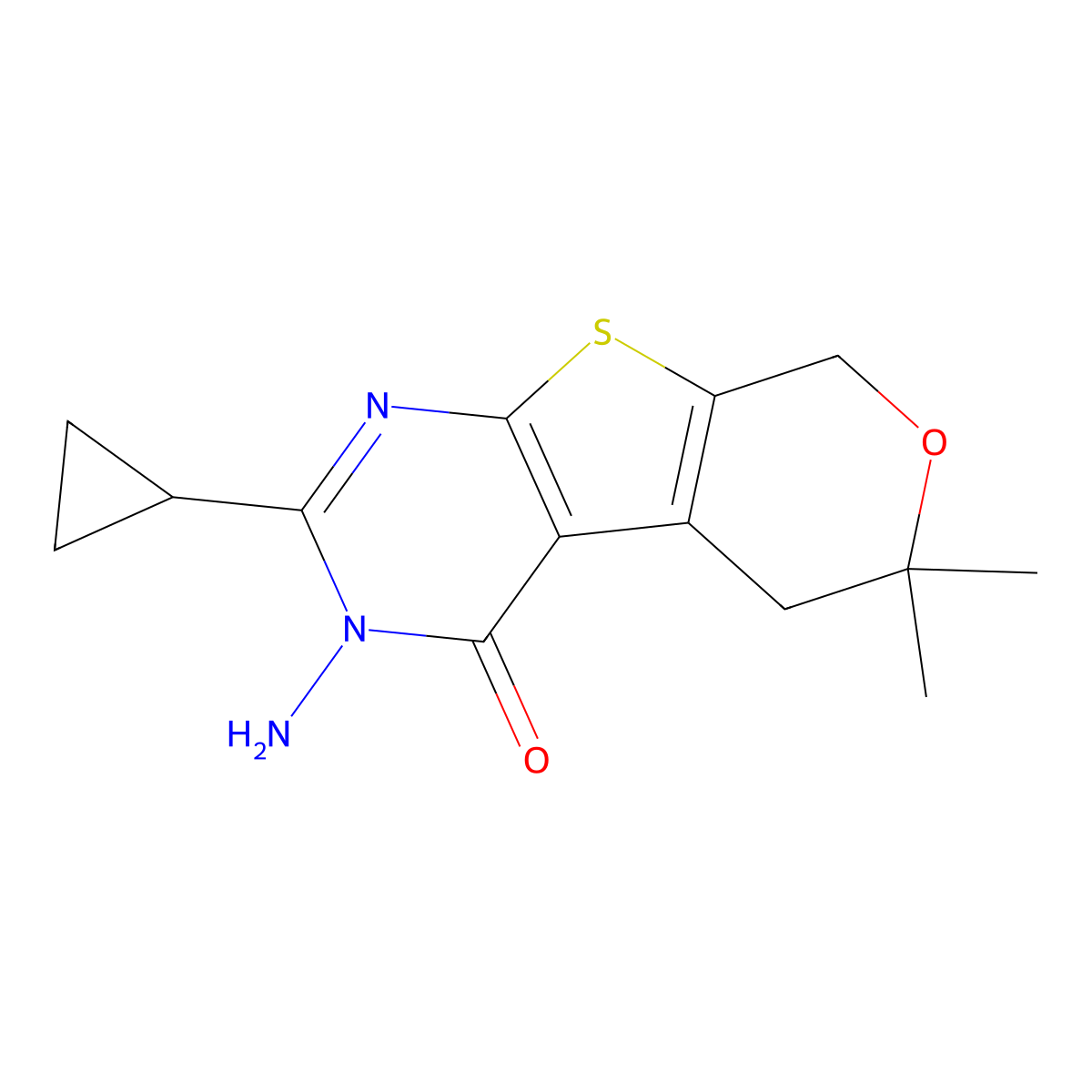 3-Amino-2-cyclopropyl-6,6-dimethyl-3,5,6,8-tetrahydro-pyrano[4',3':4,5]thieno[2,3-d]pyrimidin-4-one molecular structure, CAS 847272-98-4