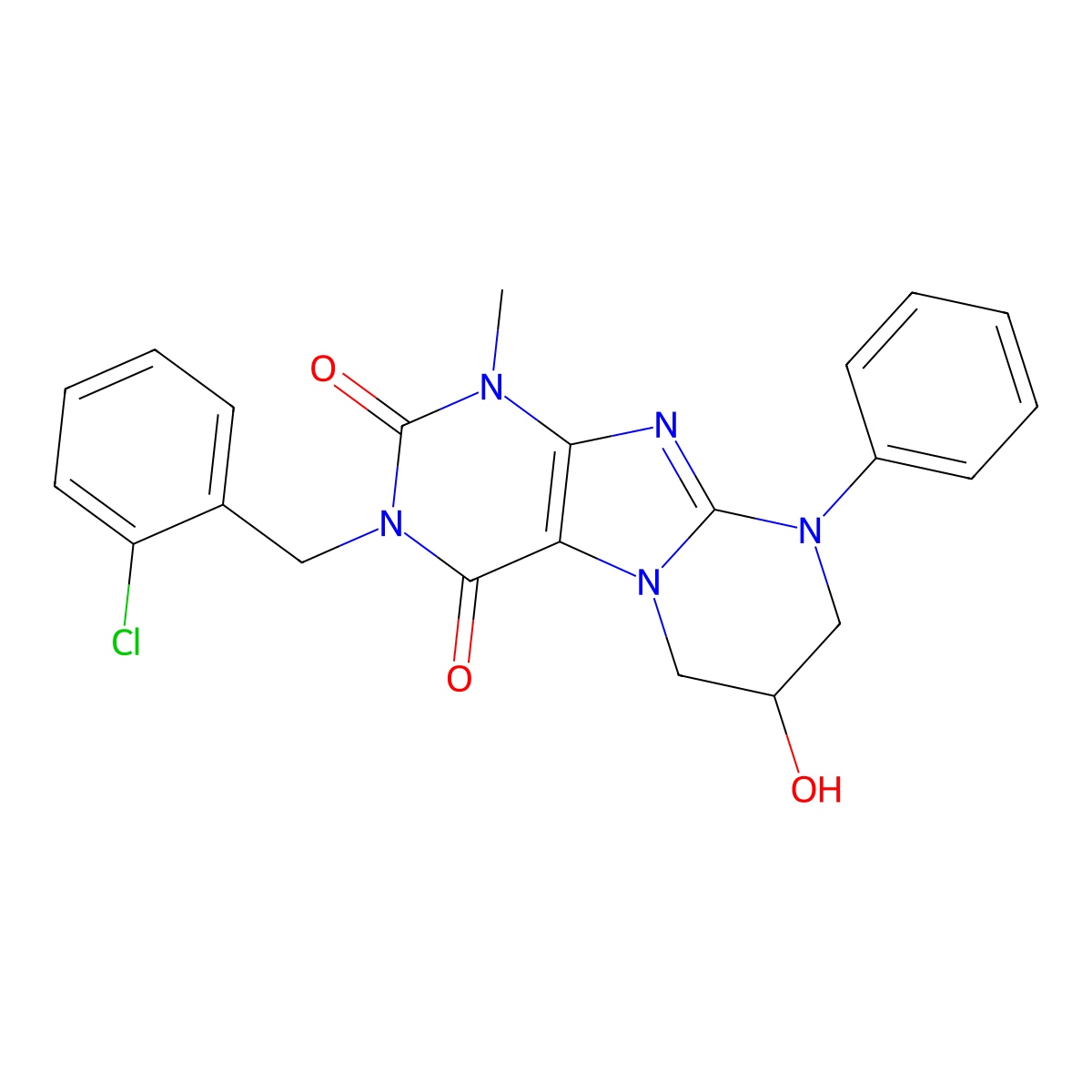 3-(2-chlorobenzyl)-7-hydroxy-1-methyl-9-phenyl-6,7,8,9-tetrahydropyrimido[2,1-f]purine-2,4(1H,3H)-dione molecular structure, CAS 847336-21-4