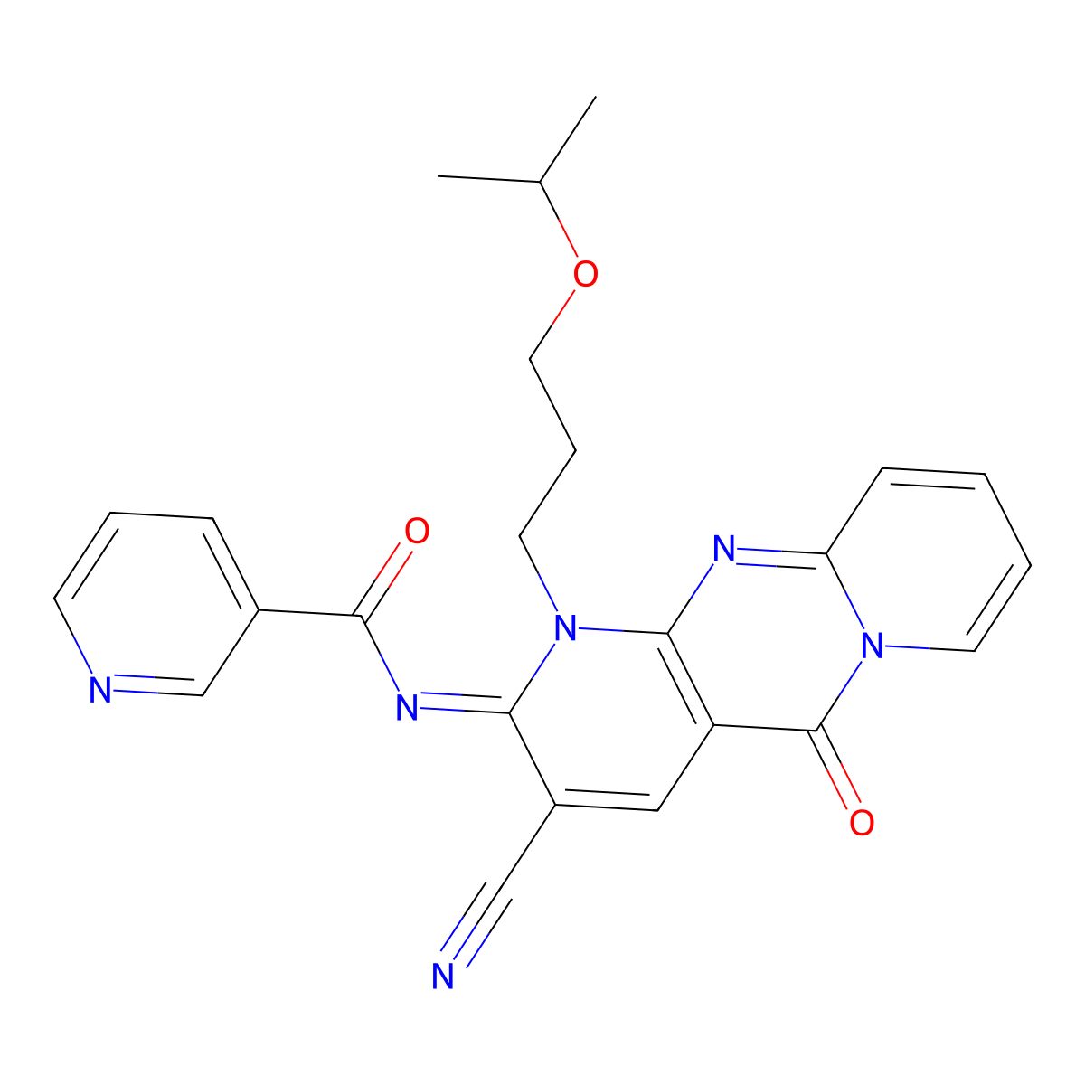 (E)-N-(3-cyano-1-(3-isopropoxypropyl)-5-oxo-1H-dipyrido[1,2-a:2',3'-d]pyrimidin-2(5H)-ylidene)nicotinamide molecular structure, CAS 847337-67-1