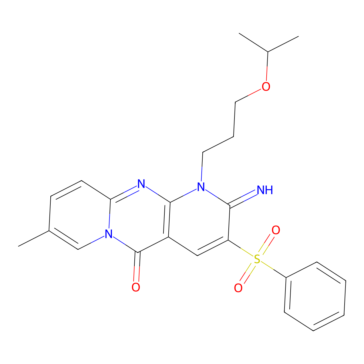 2-imino-1-(3-isopropoxypropyl)-8-methyl-3-(phenylsulfonyl)-1,2-dihydro-5H-dipyrido[1,2-a:2,3-d]pyrimidin-5-one molecular structure, CAS 847337-70-6