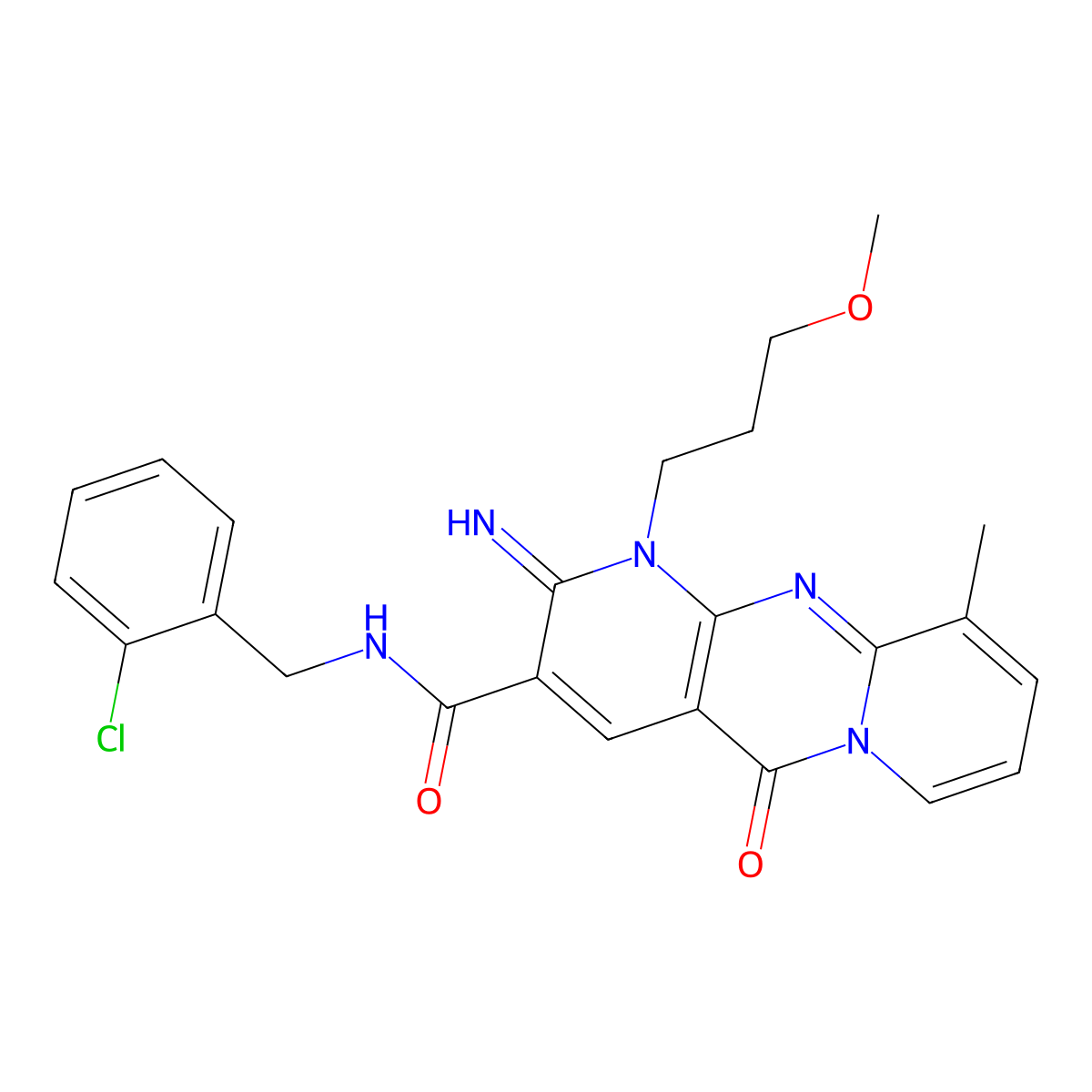 N-(2-chlorobenzyl)-2-imino-1-(3-methoxypropyl)-10-methyl-5-oxo-1,5-dihydro-2H-dipyrido[1,2-a:2',3'-d]pyrimidine-3-carboxamide molecular structure, CAS 847337-83-1